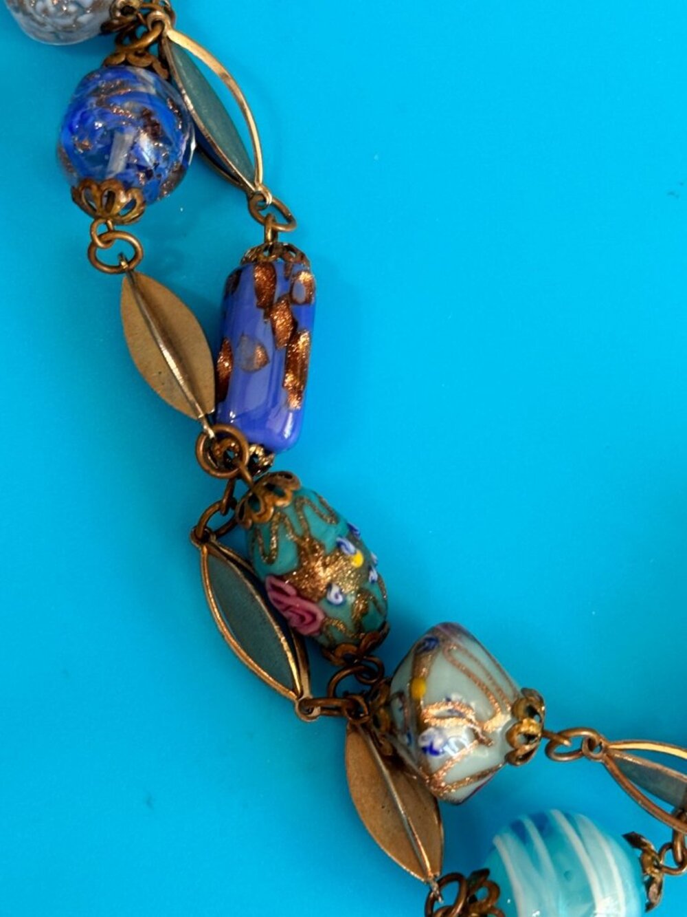 Vintage Venetian Murano Wedding Cake Glass Bead Necklace Blue Aventurine 17" - Picture 11 of 16